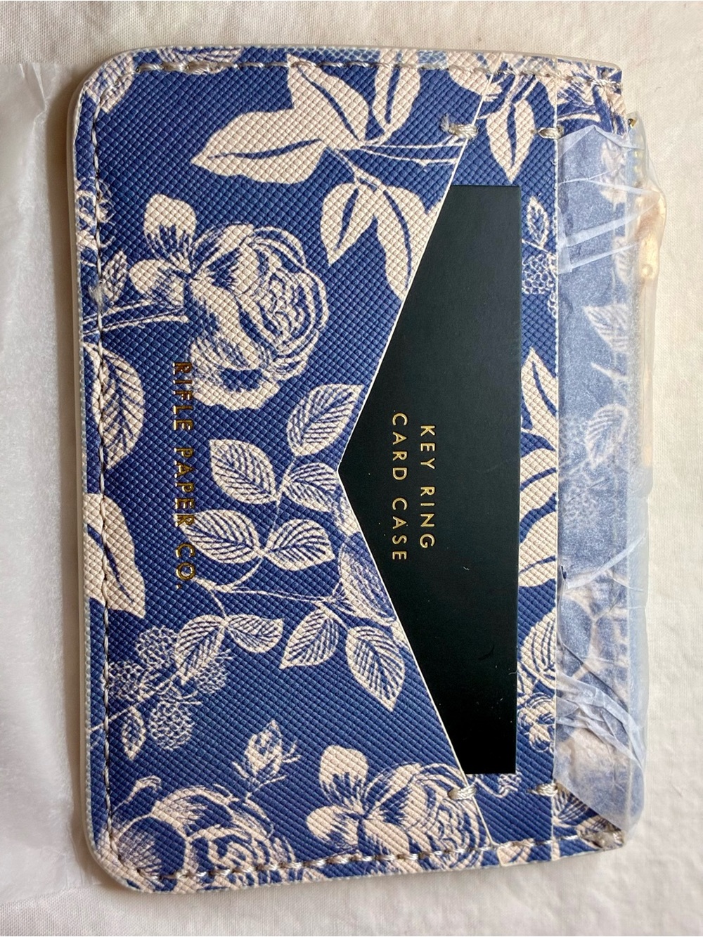 NWT Rifle Paper Card Case with Key Ring in Blue and Cream English Rose Pattern